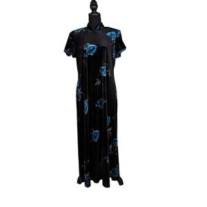 KPetite Womens Long Black Velvet Blue Flowers Dark Floral Dress sz 14 P